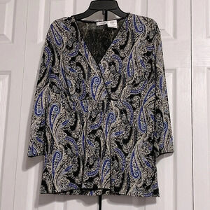 East 5th petite black & blue & gold paisley top blouse shirt size LP
